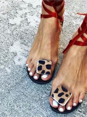 Women's Red Lace-Up Sandals with Leopard Toe Accent
